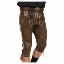 Angled front view of vintage knee-length leather Bundhosen