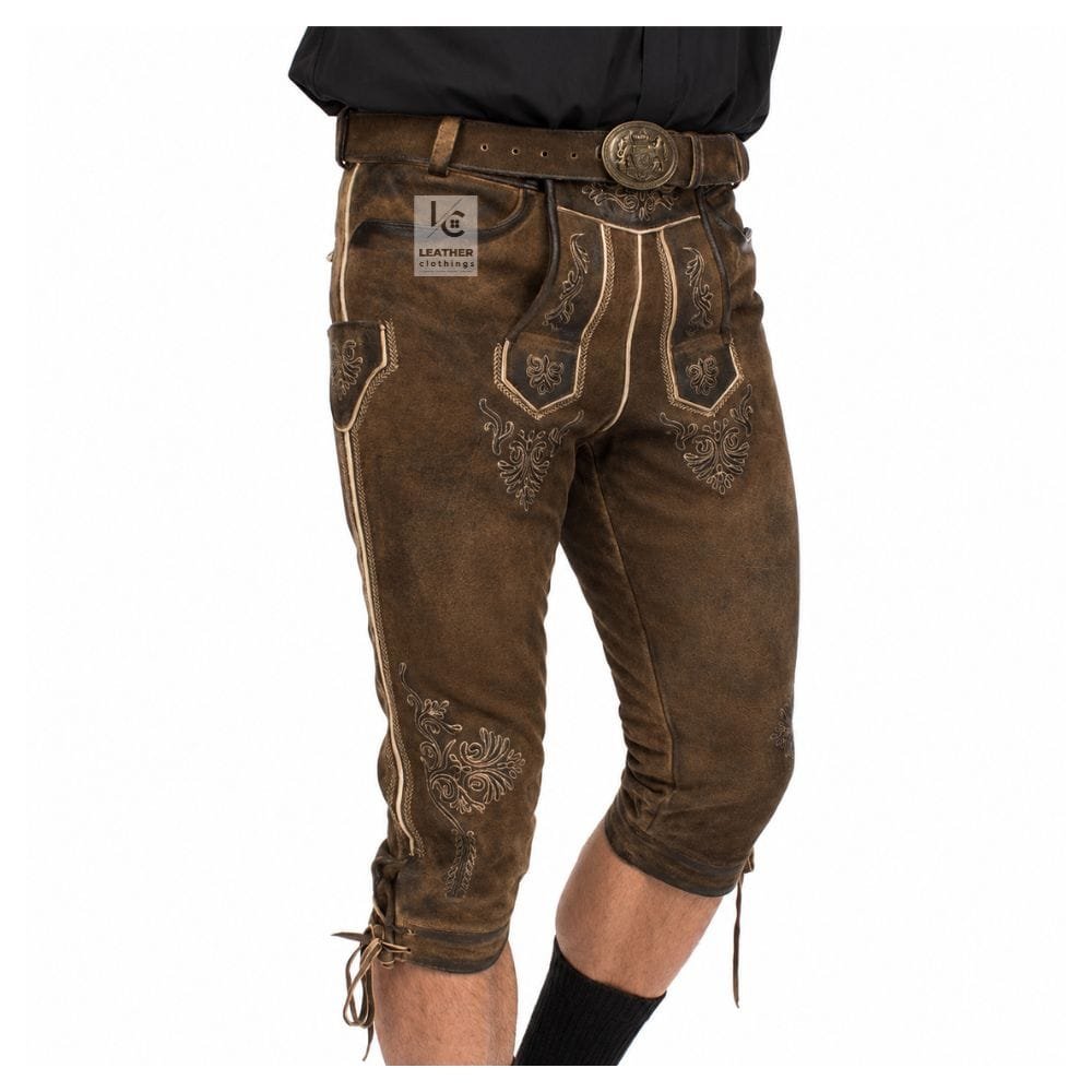 Angled front view of vintage knee-length leather Bundhosen