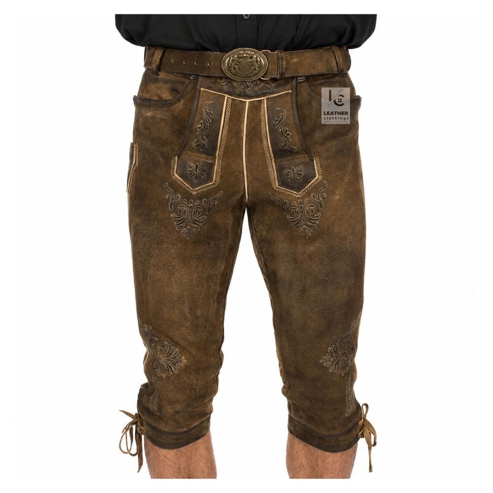 Men's Antique Hickory Bundhosen vintage knee-length lederhosen front view
