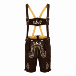 Men's Dark Brown Lederhosen with Stag Crest Embroidery and Matching Suspenders