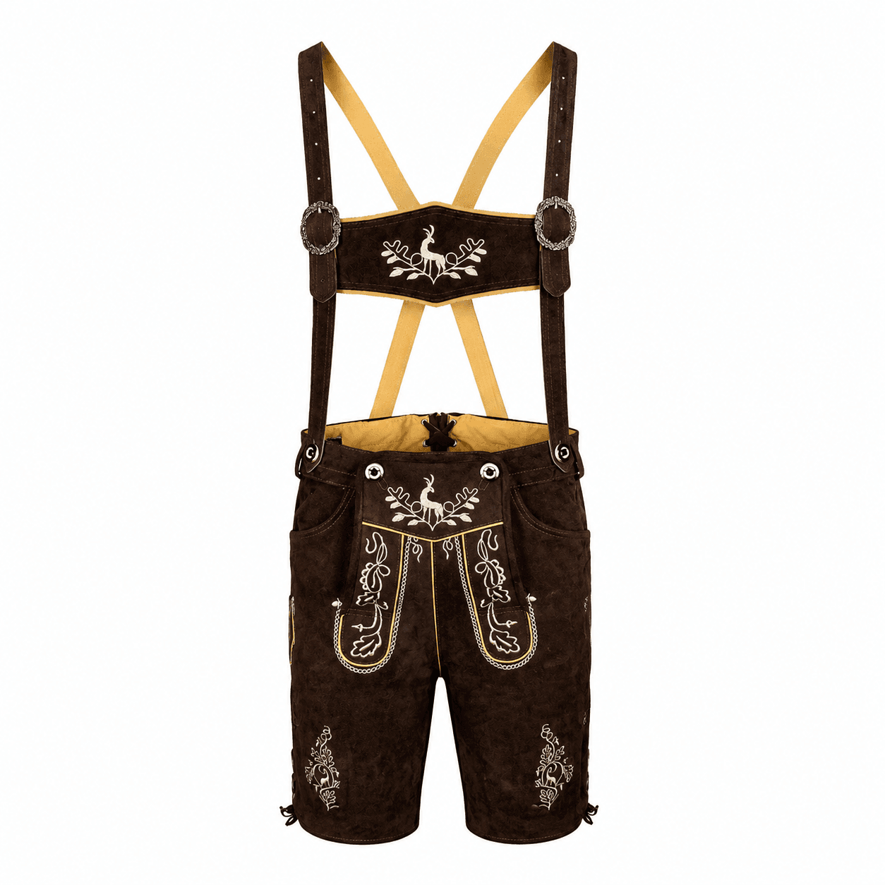 Men's Dark Brown Lederhosen with Stag Crest Embroidery and Matching Suspenders