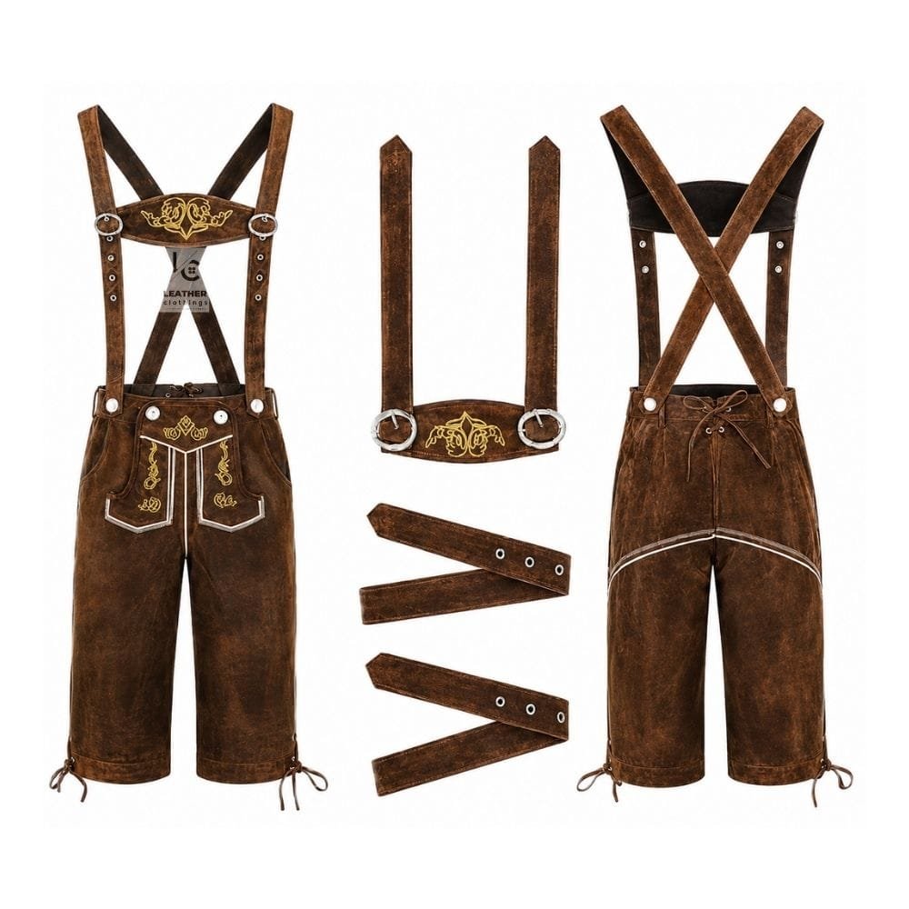 Men's German Oktoberfest Bundhosen with Royal Crest embroidery and adjustable embroidered suspenders