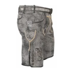 Angled view of gray genuine leather lederhosen with embroidered detailing