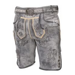 Men's Gray Leather Lederhosen with light gray floral embroidery and Bavarian belt