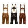 Men's Oktoberfest Bundhosen with Alpine Scroll embroidery shown in multiple suede color options and matching embroidered suspenders
