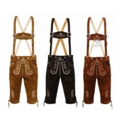 Men's Oktoberfest Bundhosen with Alpine Scroll embroidery shown in multiple suede color options and matching embroidered suspenders