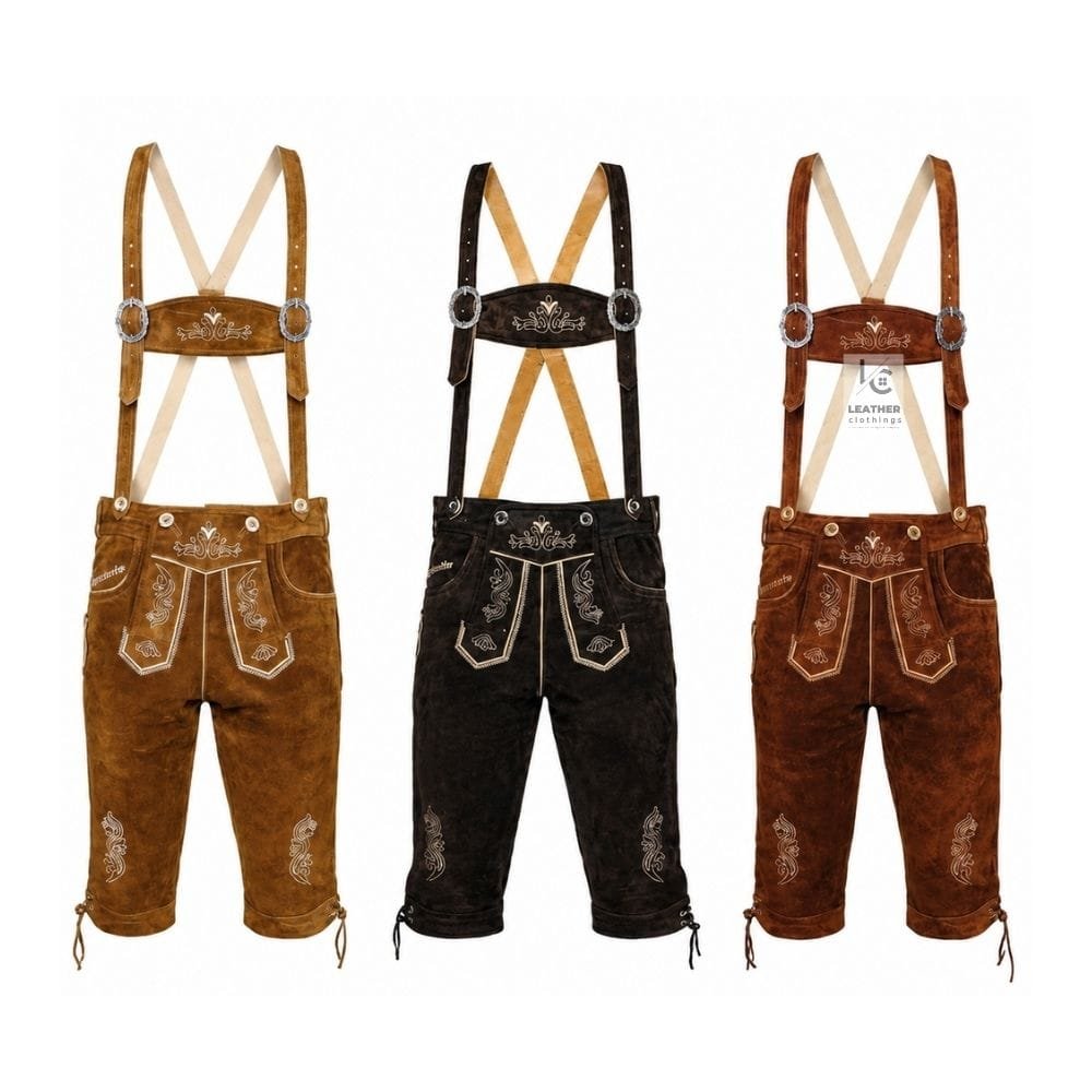 Men's Oktoberfest Bundhosen with Alpine Scroll embroidery shown in multiple suede color options and matching embroidered suspenders