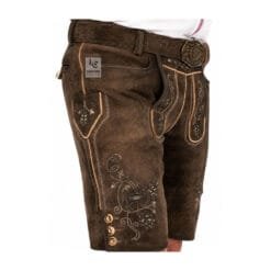 Side view of genuine leather espresso lederhosen with embroidered stag motifs