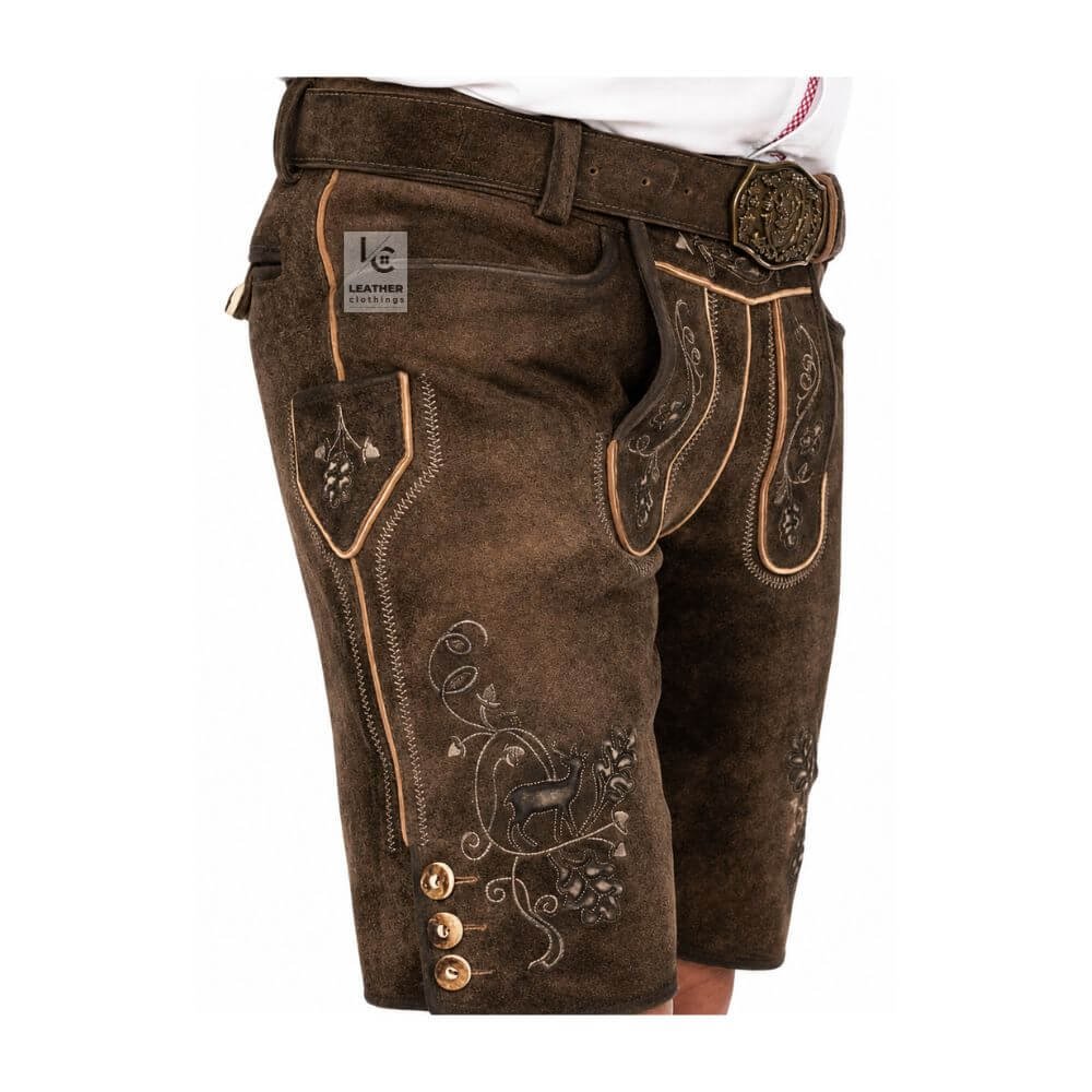 Side view of genuine leather espresso lederhosen with embroidered stag motifs