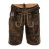 Men's vintage espresso leather lederhosen with stag embroidery and Bavarian belt