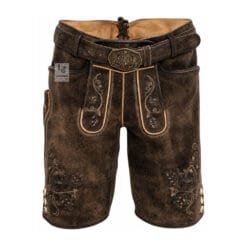Men's vintage espresso leather lederhosen with stag embroidery and Bavarian belt
