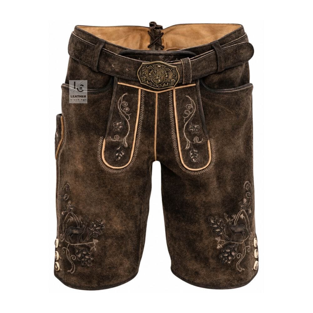 Men's vintage espresso leather lederhosen with stag embroidery and Bavarian belt