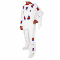 Men's white cotton fringe shirt with colorful beaded trim and long fringe detailing