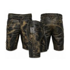 Midnight Black Leather Lederhosen with Heritage Scroll Embroidery Front Side and Back View