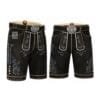 Black suede lederhosen shorts with Blue Crest floral embroidery and engraved leather belt