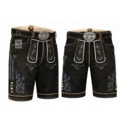 Black suede lederhosen shorts with Blue Crest floral embroidery and engraved leather belt
