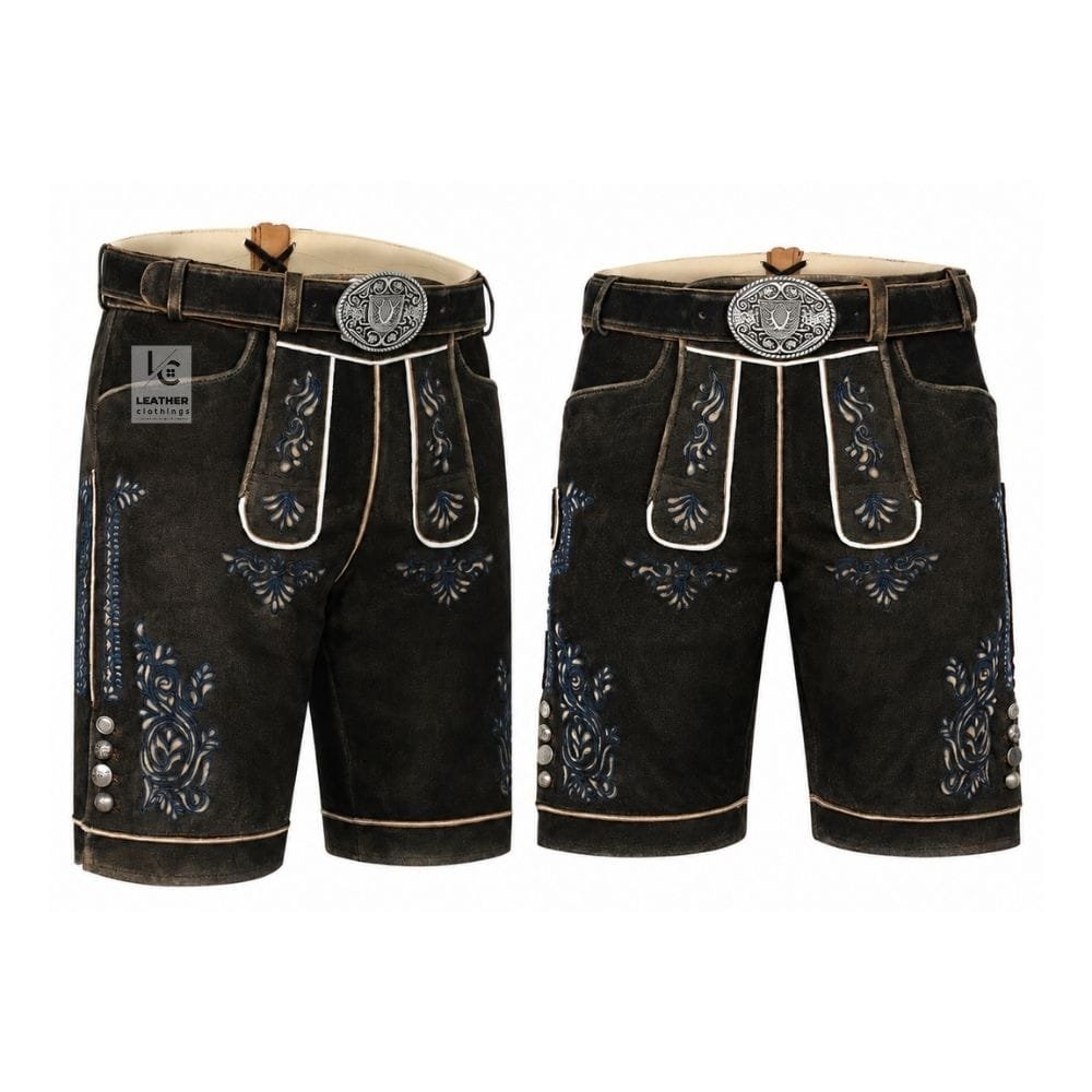 Black suede lederhosen shorts with Blue Crest floral embroidery and engraved leather belt