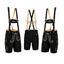 Mountain Crest suede lederhosen with Noble Scroll embroidery and matching embroidered suspenders