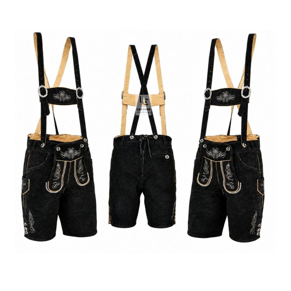 Mountain Crest suede lederhosen with Noble Scroll embroidery and matching embroidered suspenders