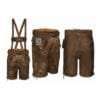 Oak Brown Suede Lederhosen with Stag and Alpine Vine Embroidery Front Back and Suspender View