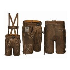 Oak Brown Suede Lederhosen with Stag and Alpine Vine Embroidery Front Back and Suspender View