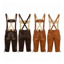 Oktoberfest Bundhosen with Crown Vine embroidery shown in dark brown and tan suede color options with matching suspenders