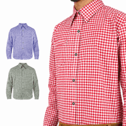Men's Trachten shirt available in red, blue, and green checkered color options for Lederhosen and Oktoberfest wear.