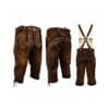 Rustic Alpine suede Bundhosen with Edelweiss crest embroidery, decorative stitching, and matching suspenders