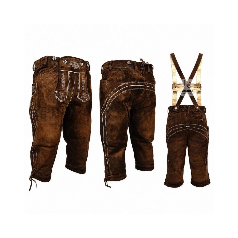 Rustic Alpine suede Bundhosen with Edelweiss crest embroidery, decorative stitching, and matching suspenders