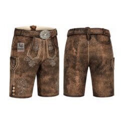 Rustic Brown Suede Lederhosen with Imperial Scroll Embroidery Front and Back View