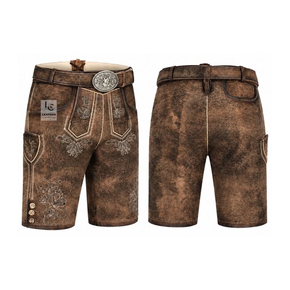 Rustic Brown Suede Lederhosen with Imperial Scroll Embroidery Front and Back View