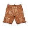 Saddle Brown Leather Lederhosen with Stag Rose Embroidery Front View
