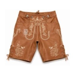 Saddle Brown Leather Lederhosen with Stag Rose Embroidery Front View