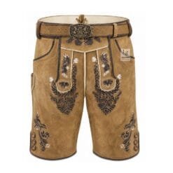 Sandstone Suede Lederhosen with Royal Acorn Embroidery and Matching Belt