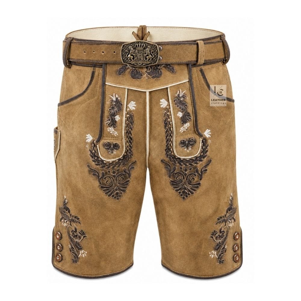 Sandstone Suede Lederhosen with Royal Acorn Embroidery and Matching Belt