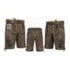 Distressed grey suede lederhosen shorts with Shadow Antler embroidery and engraved leather belt