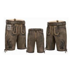 Distressed grey suede lederhosen shorts with Shadow Antler embroidery and engraved leather belt