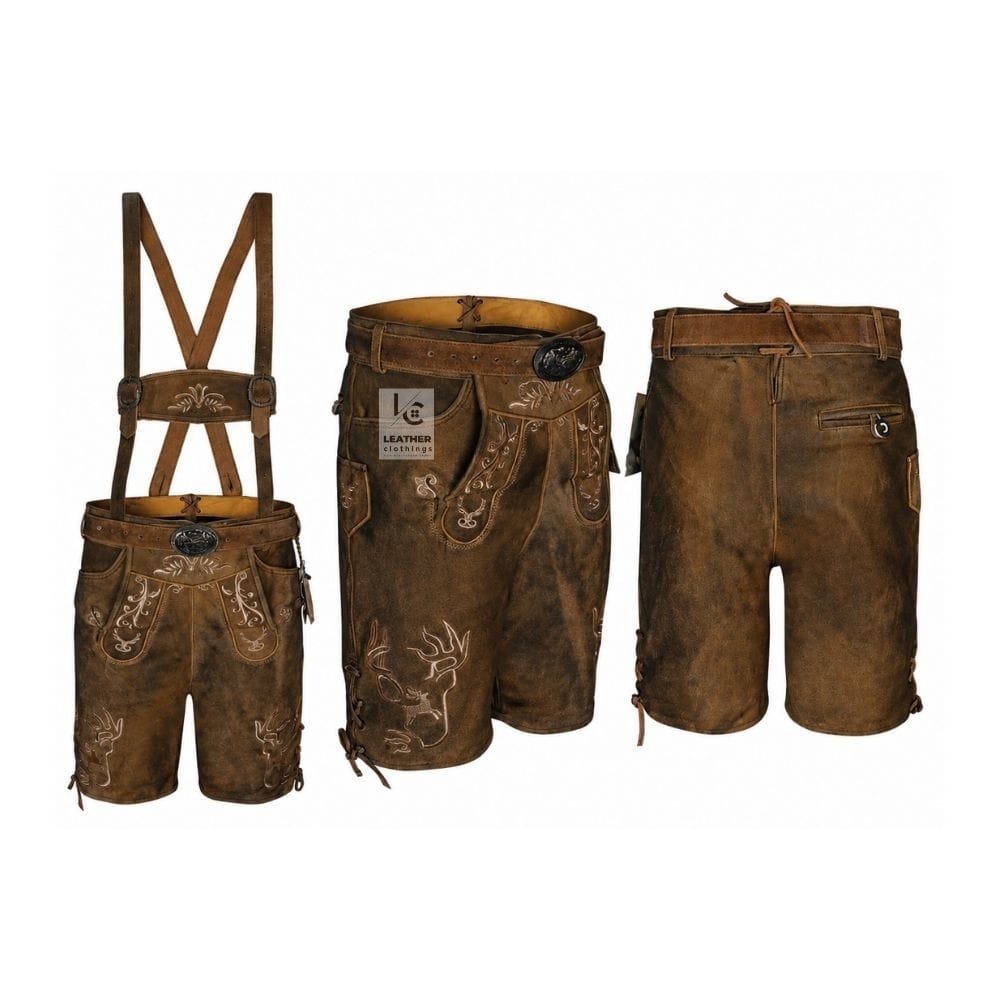 Timber Ridge lederhosen with Stag Antler embroidery, embossed stag head design, leather belt, and embroidered suspenders