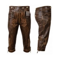 Vintage Brown Leather Bundhosen with Baroque Vine Embroidery Front and Side View