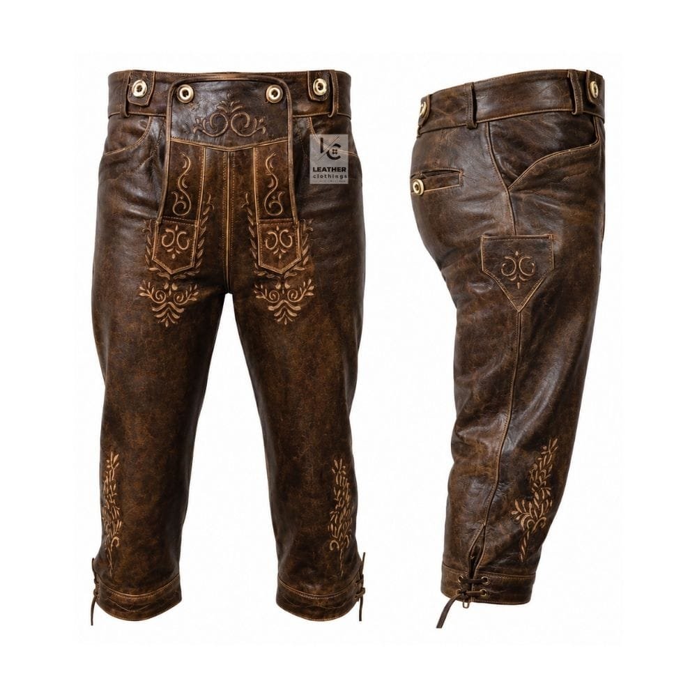 Vintage Brown Leather Bundhosen with Baroque Vine Embroidery Front and Side View