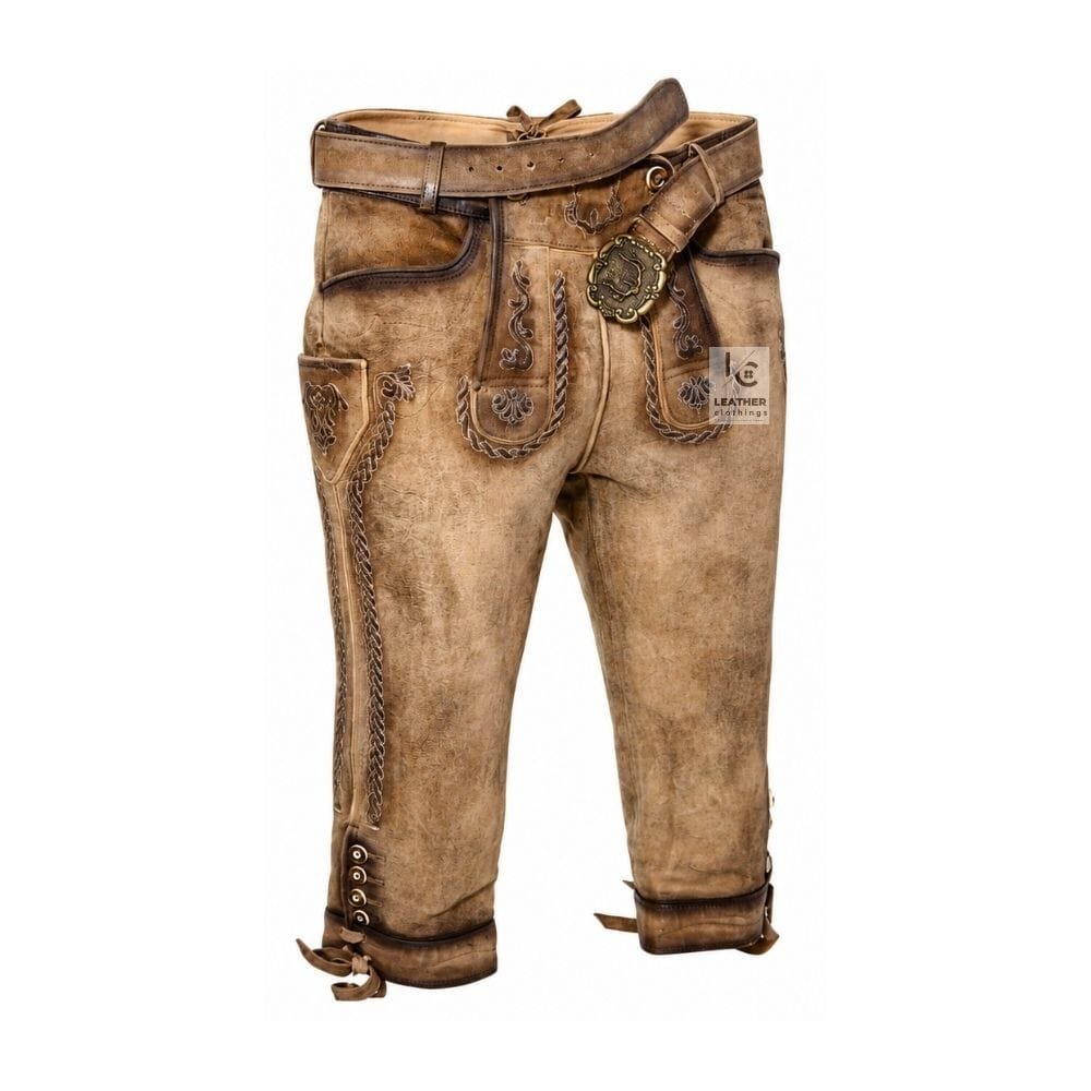 Vintage Oak suede Bundhosen with braided vine embroidery and antique buckle leather belt