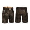 Distressed dark brown suede lederhosen shorts with Vintage Scroll embroidery and engraved leather belt
