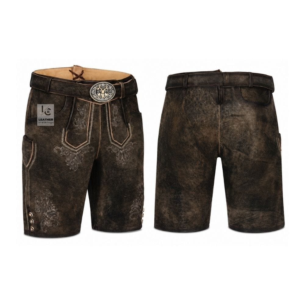 Distressed dark brown suede lederhosen shorts with Vintage Scroll embroidery and engraved leather belt