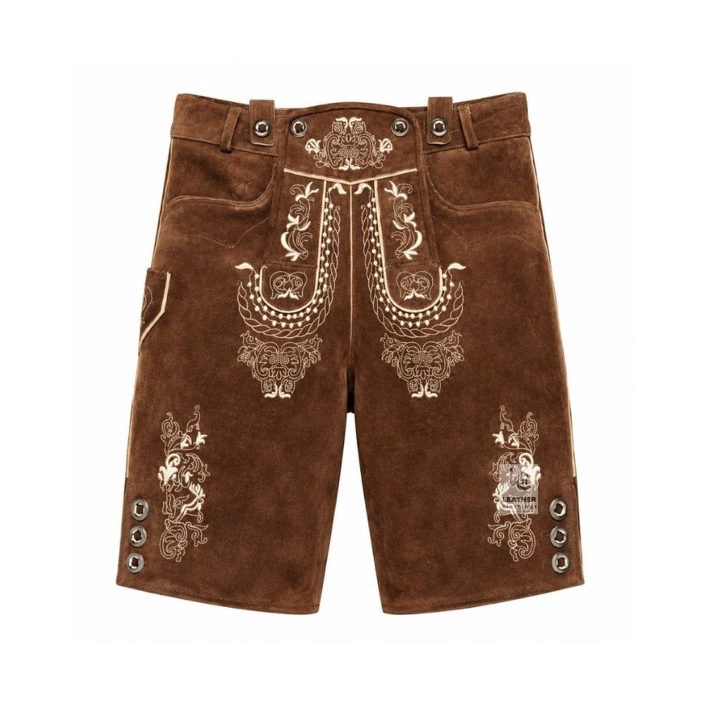 Walnut Suede Lederhosen with Regal Filigree Embroidery Front and Back View