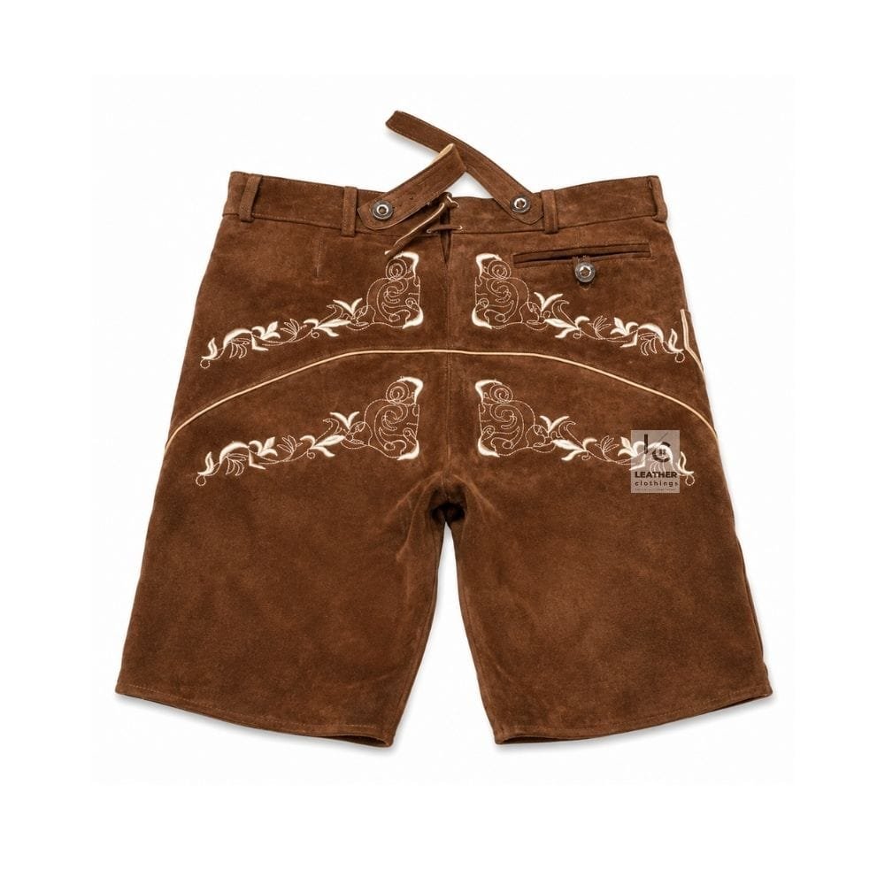 Walnut Suede Lederhosen with Regal Filigree Embroidery Front and Back View