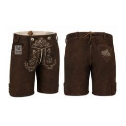Dark brown suede lederhosen shorts with Wildflower Vine floral embroidery