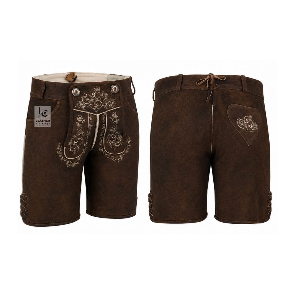 Dark brown suede lederhosen shorts with Wildflower Vine floral embroidery