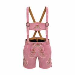 Women's Pink Lederhosen with Rose Blossom Embroidery and Matching Suspenders