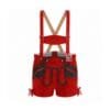 Women's scarlet suede lederhosen shorts with black Alpine Oak Leaf appliqué and adjustable suspenders