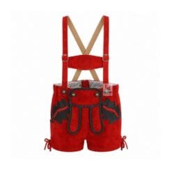 Women's scarlet suede lederhosen shorts with black Alpine Oak Leaf appliqué and adjustable suspenders